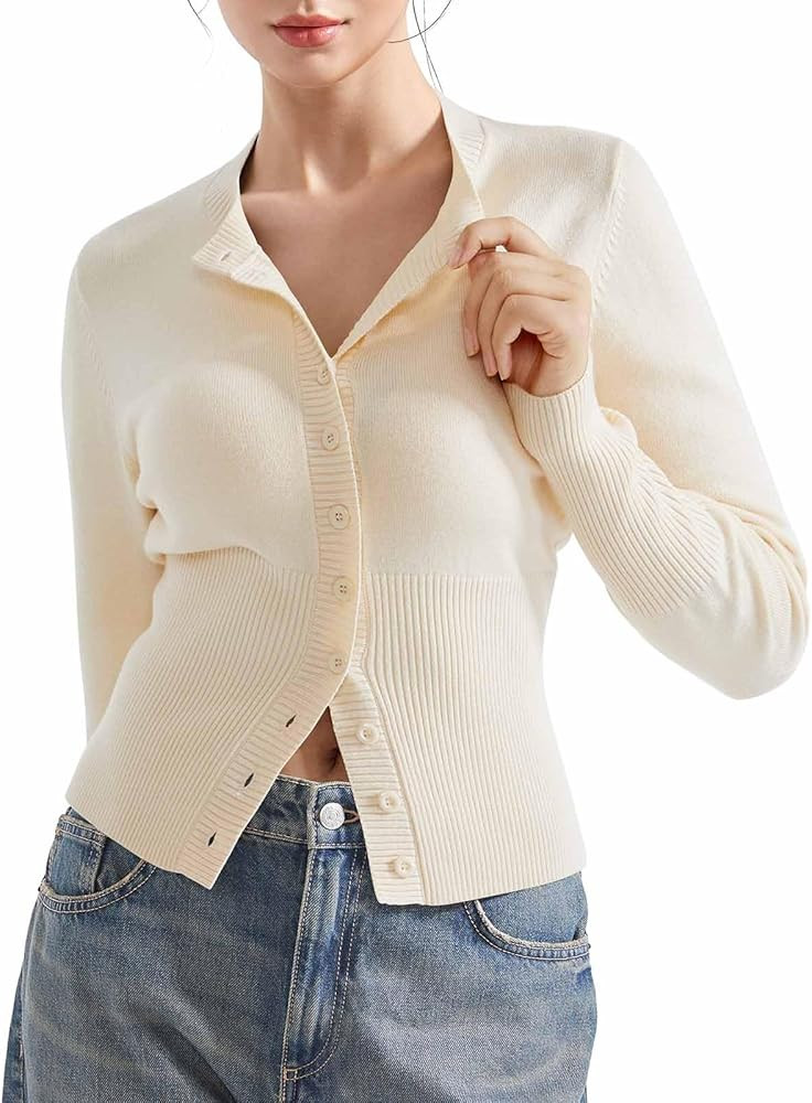 SUUKSESS Women Button Down Cardigan Crew Neck Sweaters Ribbed Knitted Slim Fit Tops | Amazon (US)