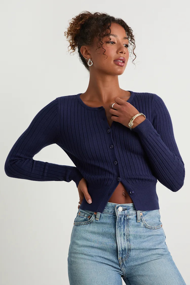 Perfect Classic Navy Ribbed Knit Cardigan Sweater | Lulus