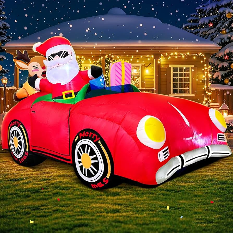 KOOY 6.5FT Christmas Inflatables Red Car Santa Claus and Reindeer Drive Truck Blow Up Giant Yard ... | Amazon (US)