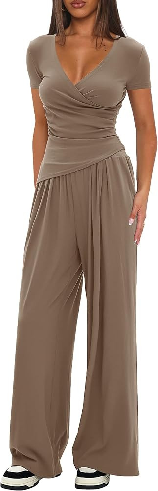 Darong Women's 2 Piece Lounge Outfits Sets Warp V Neck Short/Long Sleeve Shirts and Wide Leg Pant... | Amazon (US)