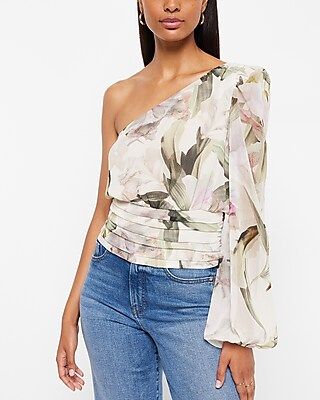 Floral Print One Shoulder Pleated Waist Top | Express