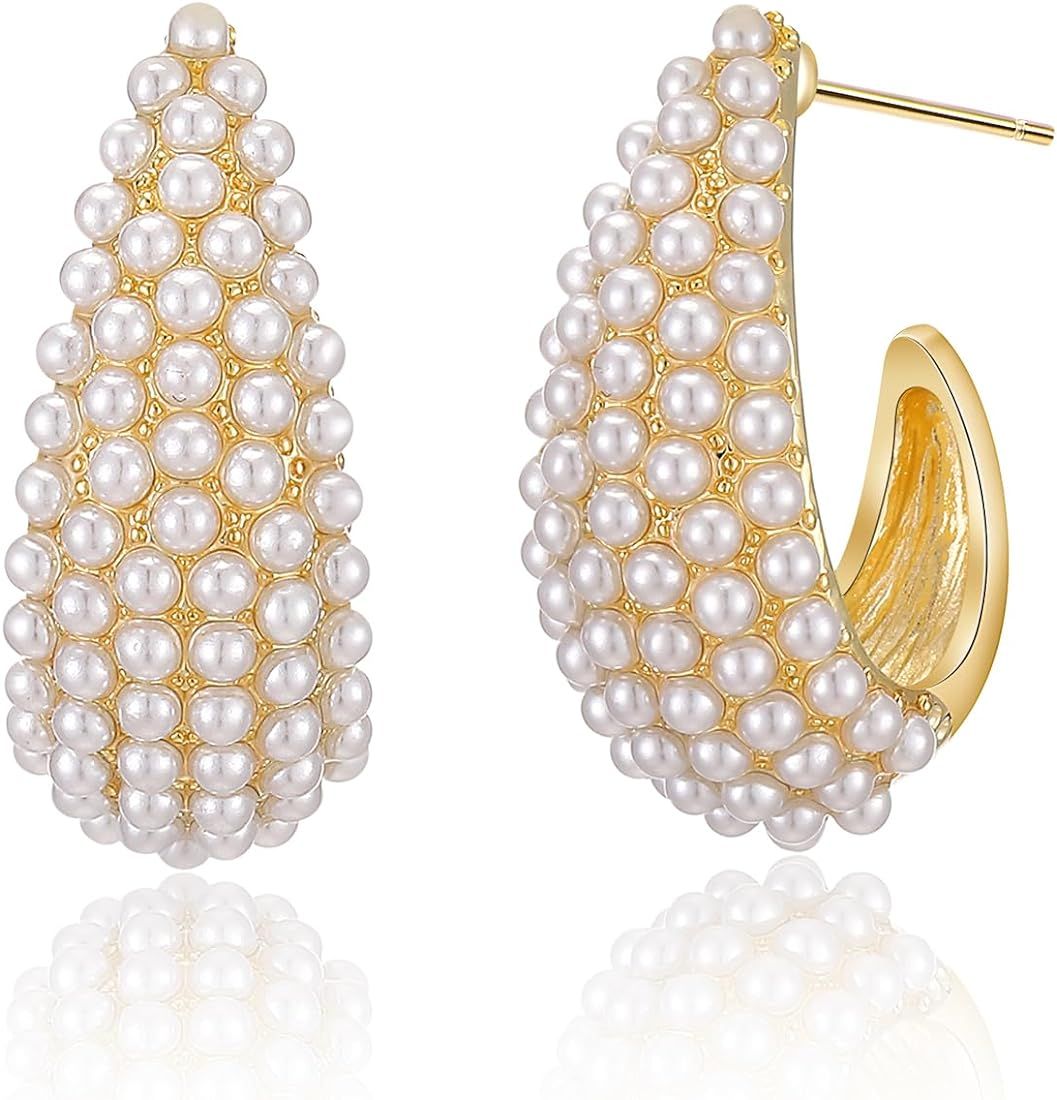 Pearl Hoop Earrings for Women, Trendy 14K Gold Plated Round Pearl Cuff Hoop Earrings Hypoallergen... | Amazon (US)