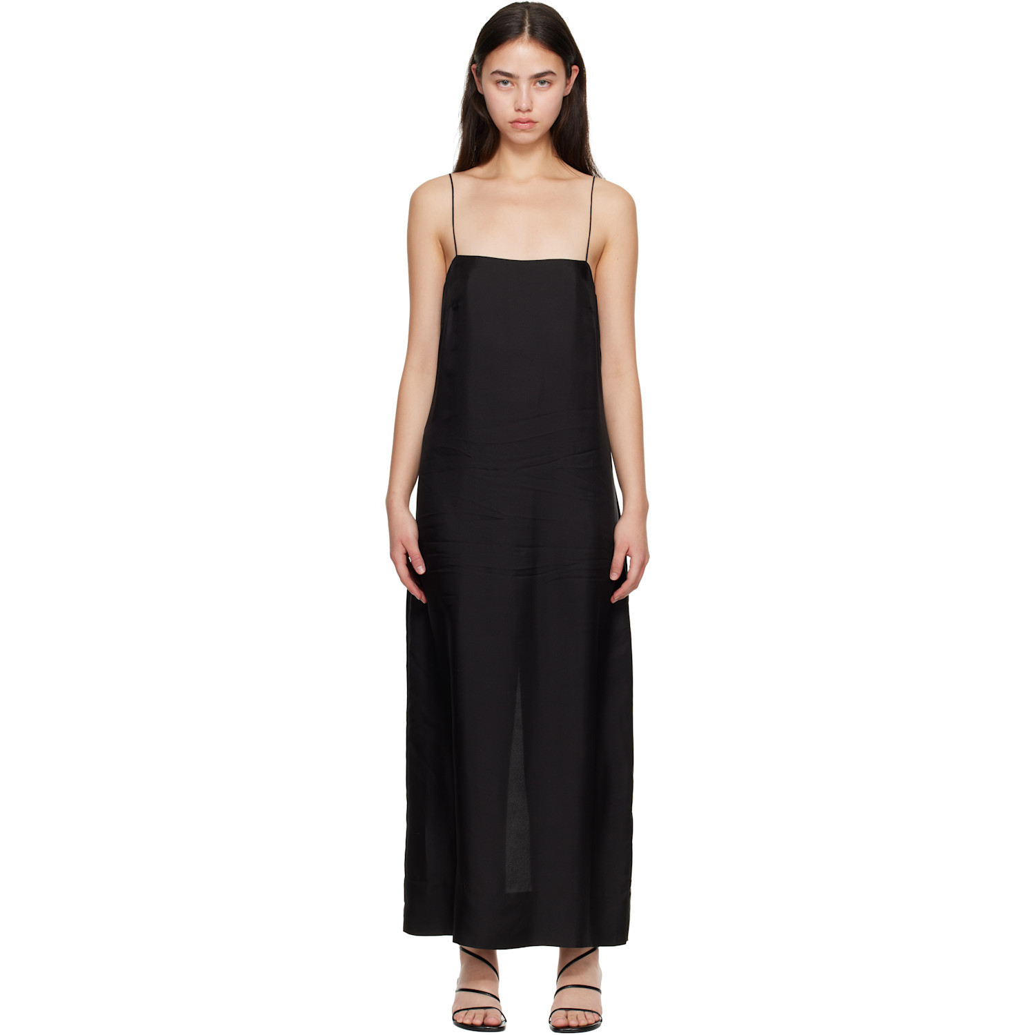 St. Agni Black 90s Silk Twill Slip Midi Dress | SSENSE
