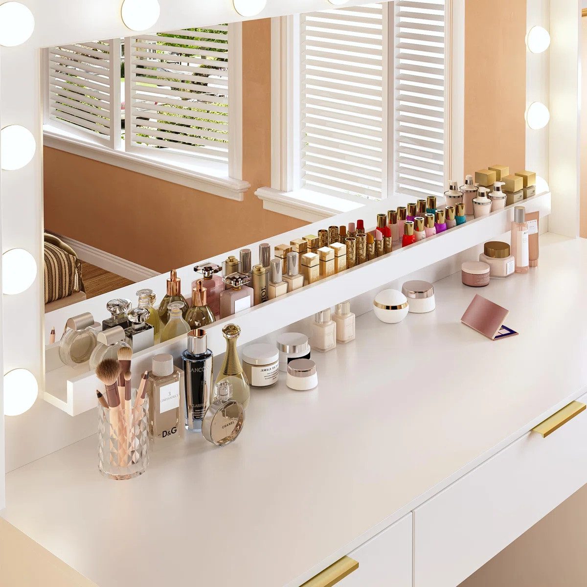 Ebern Designs Vanity Desk With Large Mirror And Lights, 9 Drawer, Power Outlet & Reviews | Wayfai... | Wayfair North America