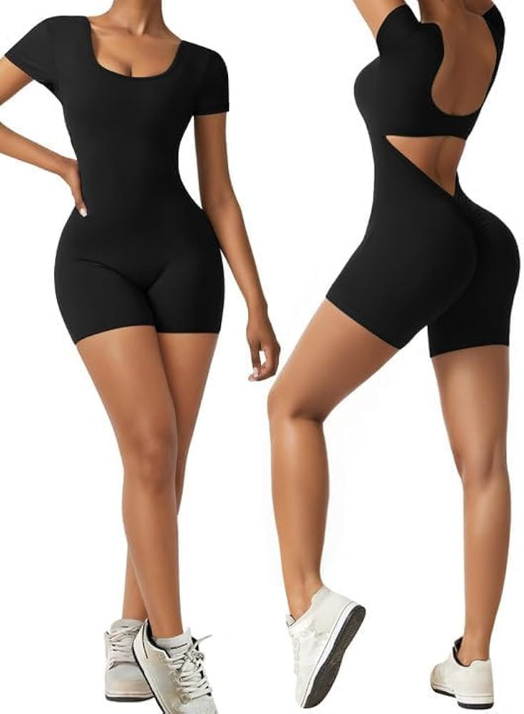 OEAK Short Sleeve Jumpsuit Workout for Women Square Neck One Piece Backless Tummy Control Bodycon... | Amazon (US)