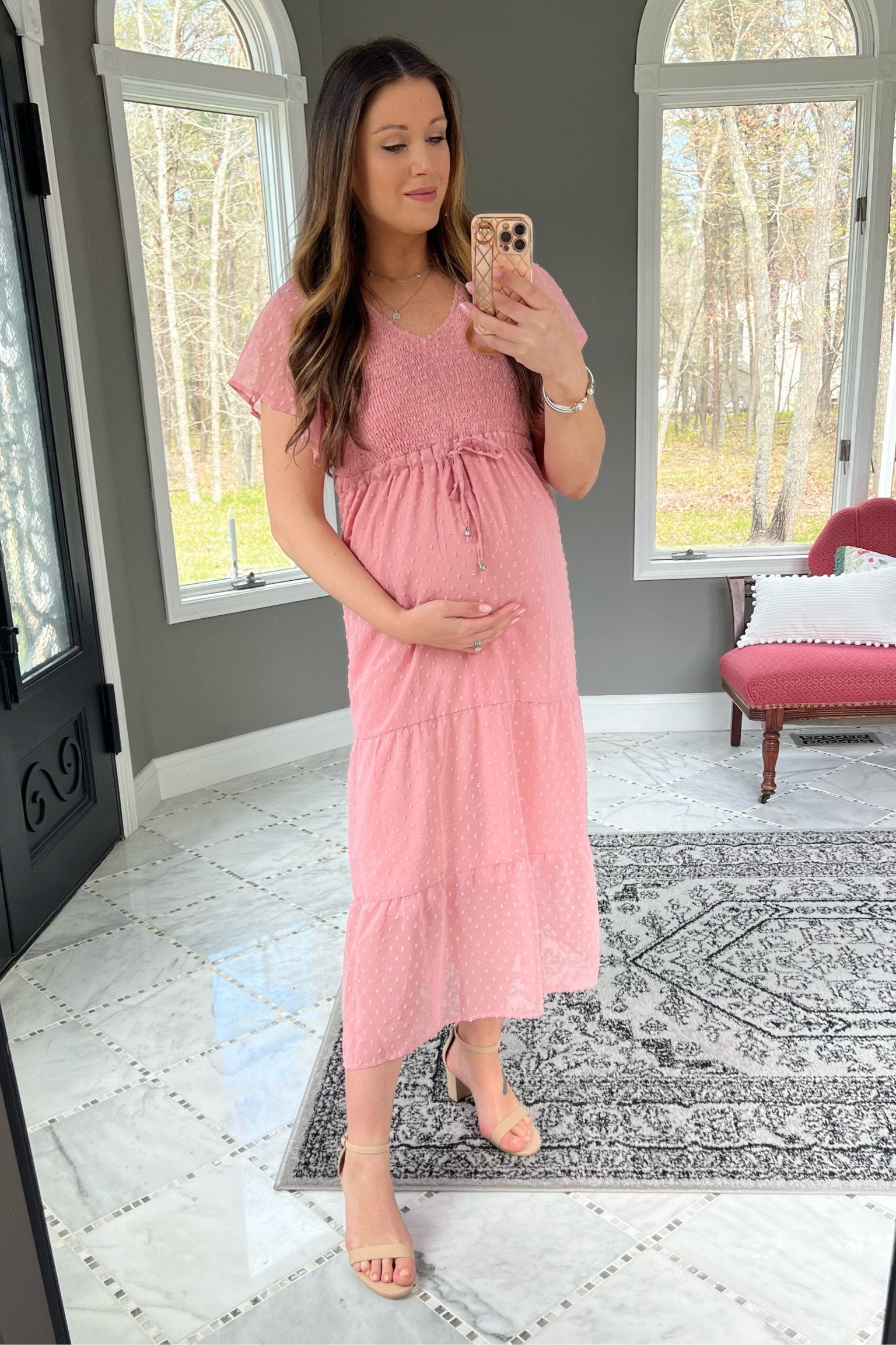 Baby shower dress idea, baby shower girl, pink maternity dress, Swiss dot dress, flutter sleeve dress, midi dress, bump friendly dress, maternity style 

#LTKunder50 #LTKbump #LTKFind