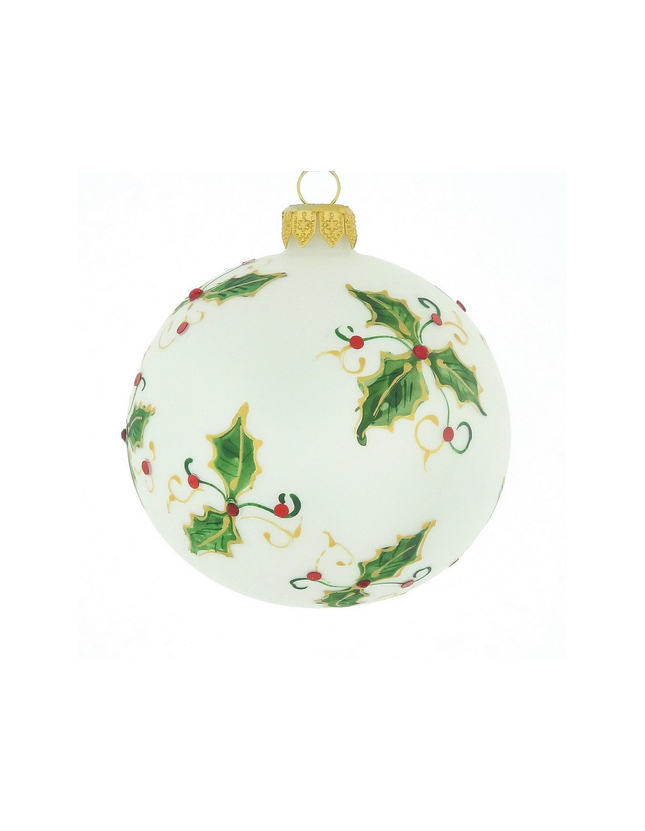 8CM HOLLY SPRIGS ON WHITE EUROPEAN GLASS BAUBLE | David Jones (Australia & New Zealand)