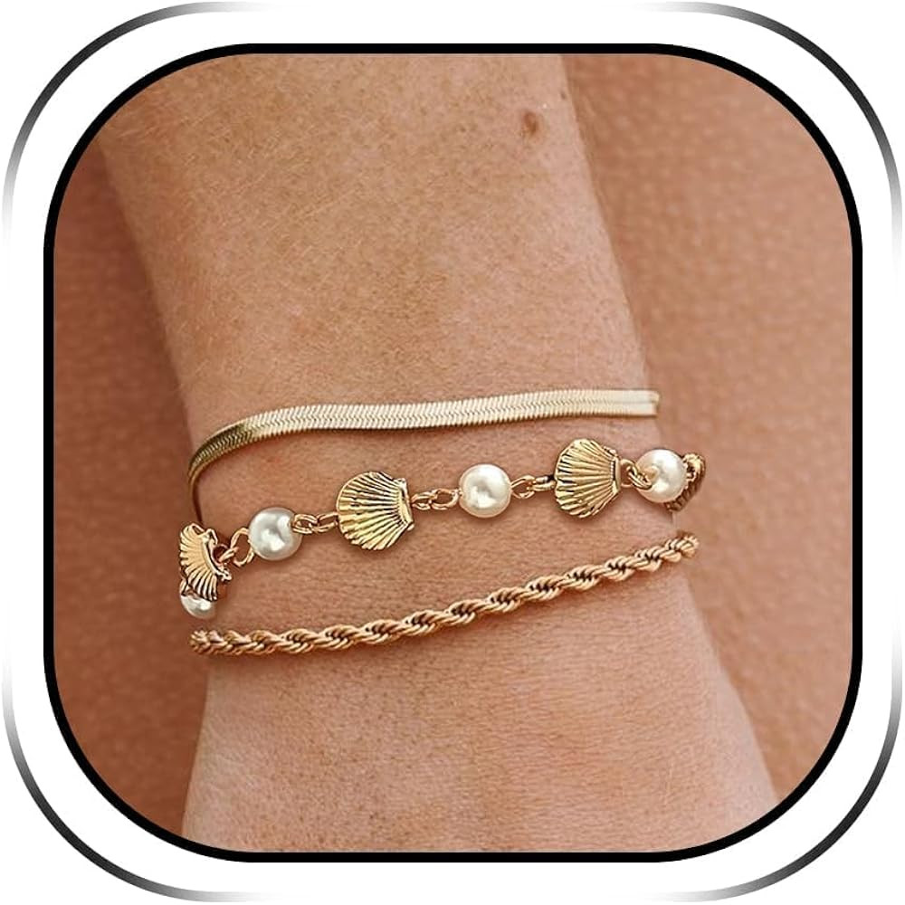 Gold Shell Bracelet Stack Dainty Gold Chain Bracelets Seashell Starfish Beaded Pearl Bracelet Boh... | Amazon (US)