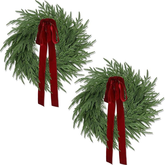 2 Pack Christmas Wreath for Front Door, Artificial Pine Cedar Holiday Wreath with Red Bow, Winter... | Amazon (US)