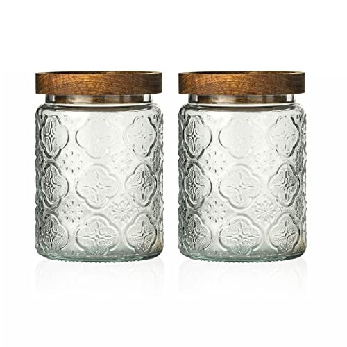 Snminetal Vintage Glass Kitchen Storage Counter Jar, Kitchen and Pantry Glass Storage, with Airtight Wood Lid for Cookies, Candy, Coffee Tea Beans, Grains,Food Storage Containers (plum-pattern*2) | Amazon (US)