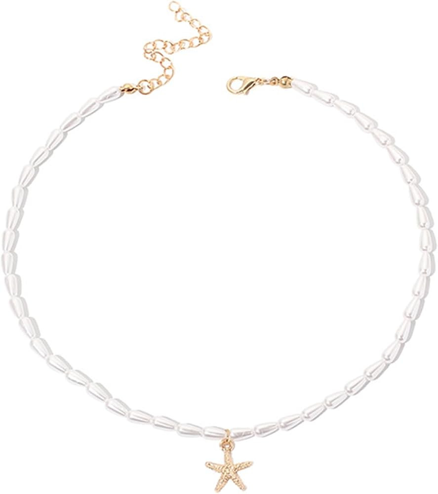 Oval Pearl Necklace Choker Starfish Pendant Necklace Gold Starfish Choker Necklace Ocean Sea Life... | Amazon (US)