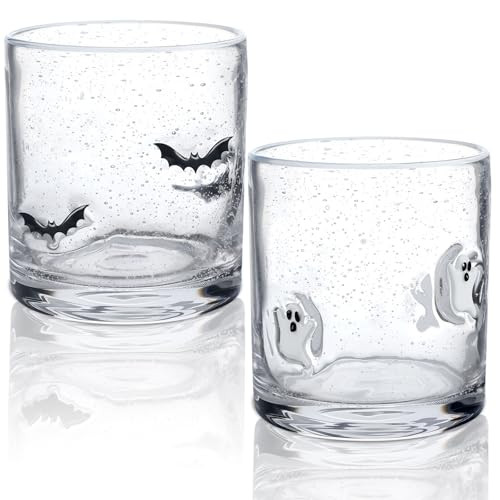 Mimorou 2 Pcs Halloween Icon Juice Glass 14 Ounce Ghost Bat Themed Drinking Cocktails Glasses for Party, Spooky Cute Double Old Fashioned Reusable Cups for Home Bar Decor Lovely Gifts | Amazon (US)