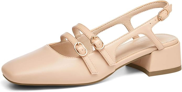 Coutgo Women's Mary Jane Chunky Low Heels Slingback Pumps Closed Square Toe Wedding Dress Shoes | Amazon (US)