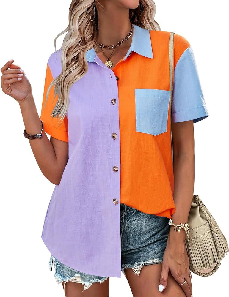 Zeagoo Womens Button Down Shirts Color Block Short Sleeve Cotton Linen Summer Causal Blouses Tops | Amazon (US)