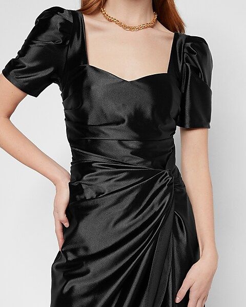 Satin Puff Sleeve Ruched Faux Wrap Midi Dress | Express