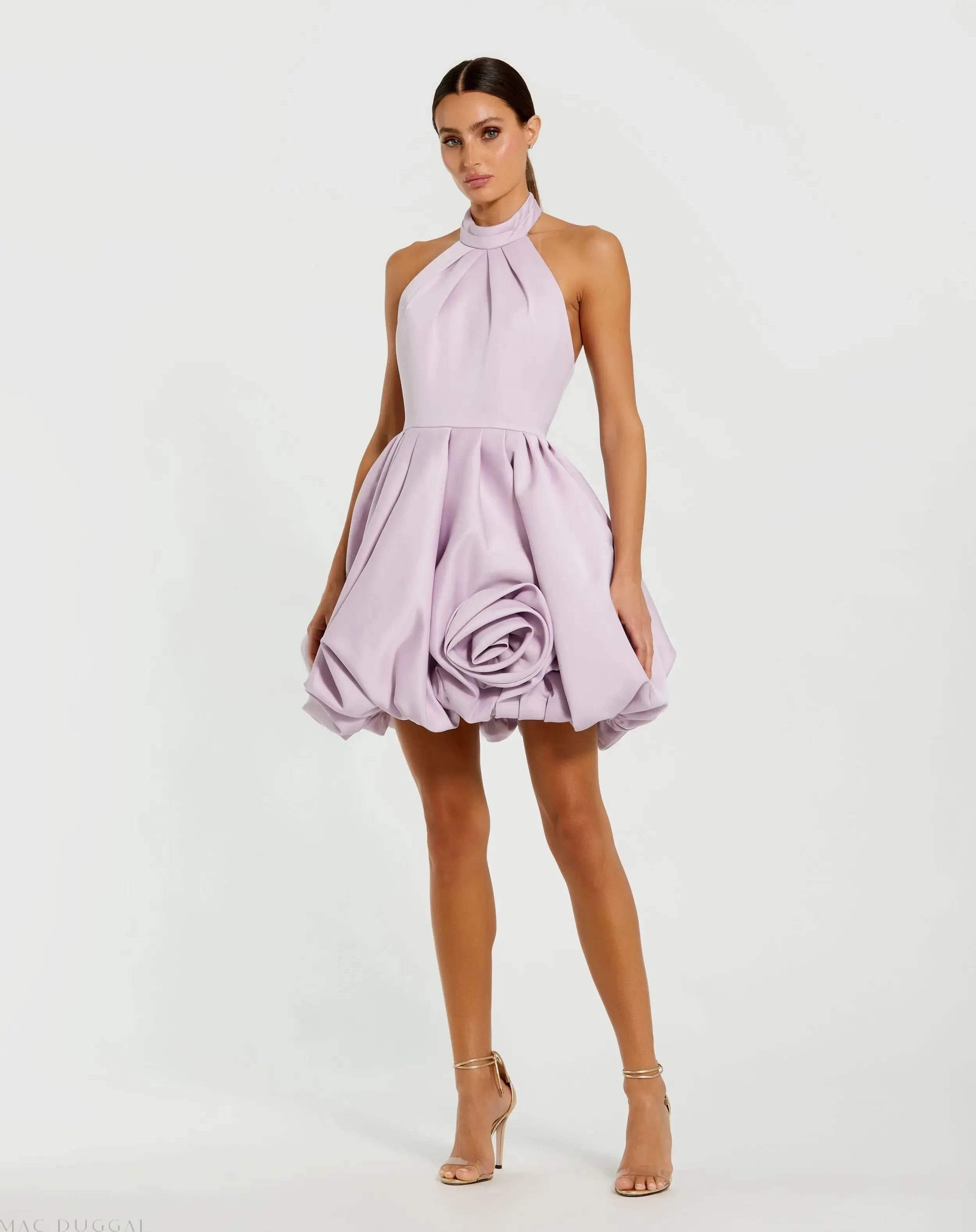 Purple Halter Neck Bubble Hem Satin Mini Dress | Mac Duggal | Mac Duggal