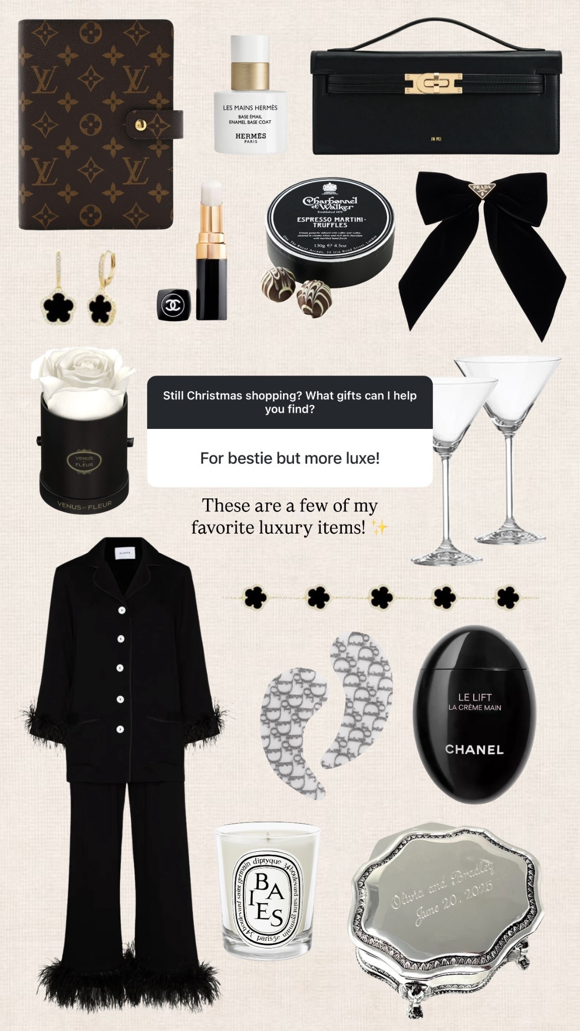 Luce gifts for your bestie! ✨

Dior under eye patches, Chanel hand lotion, lip balm, espresso martini glass, luxe pajamas 

#LTKHome #LTKGiftGuide #LTKHoliday