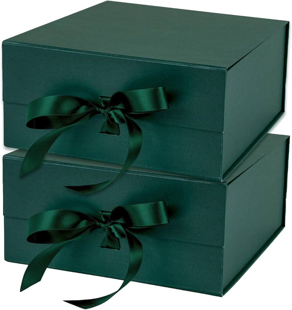 WRAPAHOLIC 2Pcs Green Gift Box with Satin Ribbon, 8x8x4 Inches Collapsible Gift Box with Magnetic... | Amazon (US)