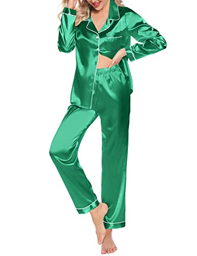 Samring Womens Satin Pajama Set Button Down Long Sleeve Silk Pjs Pants Sets Sleepwear 2 Piece Silky Loungewear Green XXL | Amazon (US)