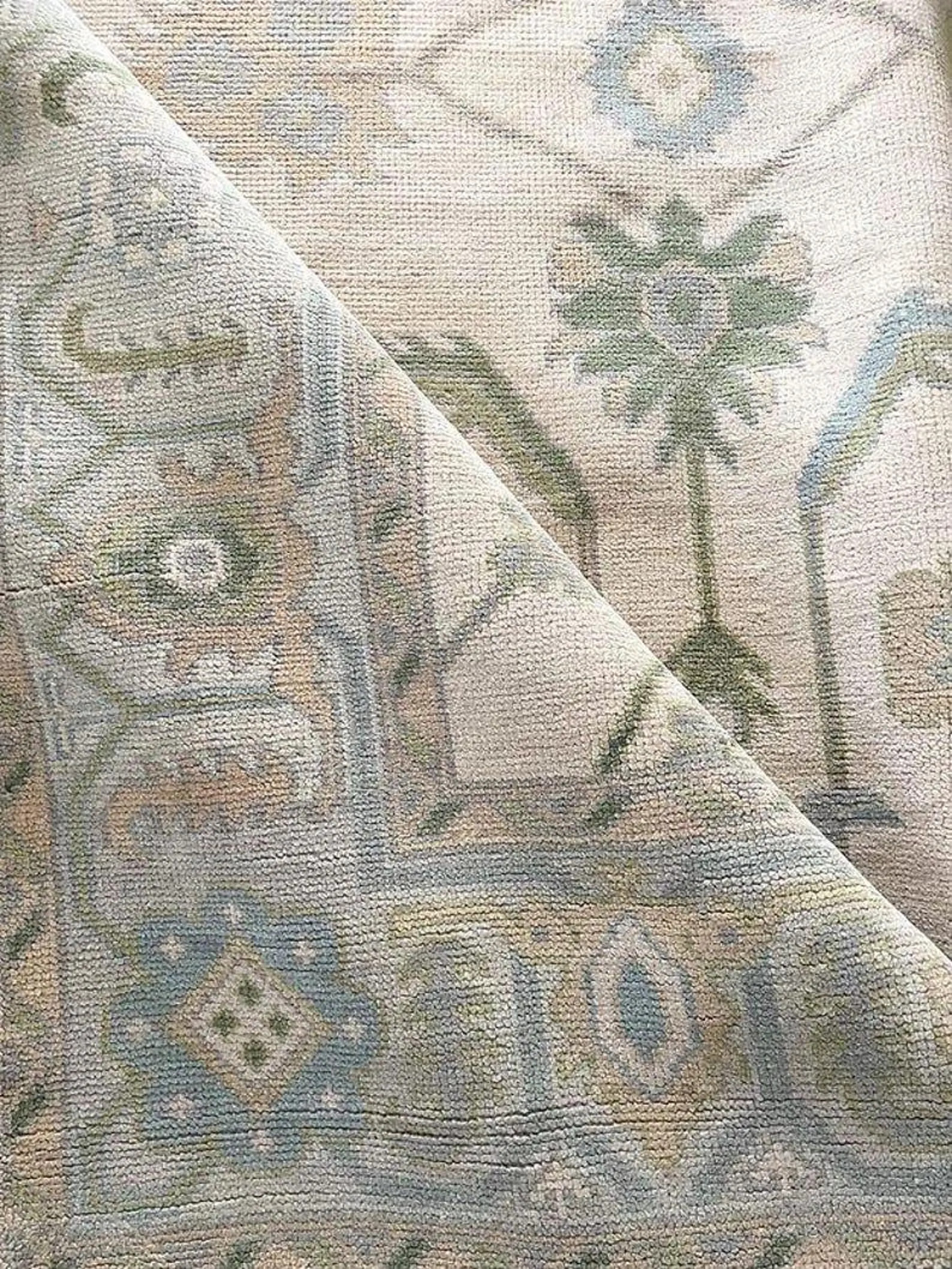Handwoven Beige Oushak Rug: Blue & Green Wool Turkish Rug | Etsy (Global)