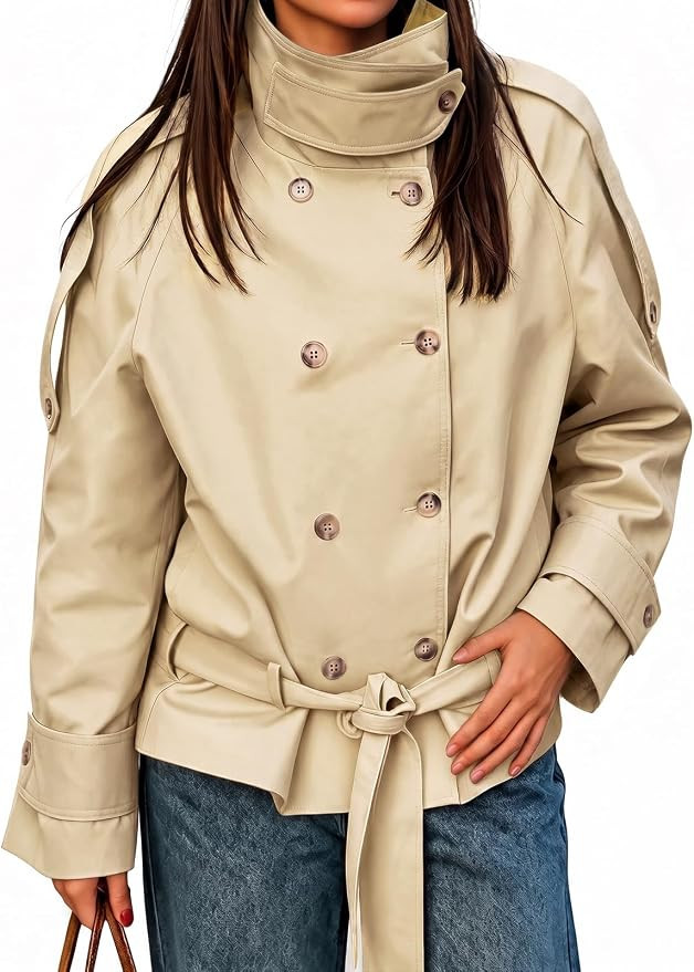 Cicy Bell Womens Short Trench Coats Double Breasted Casual Belt Fall Jacket | Stand Collar, Short... | Amazon (US)