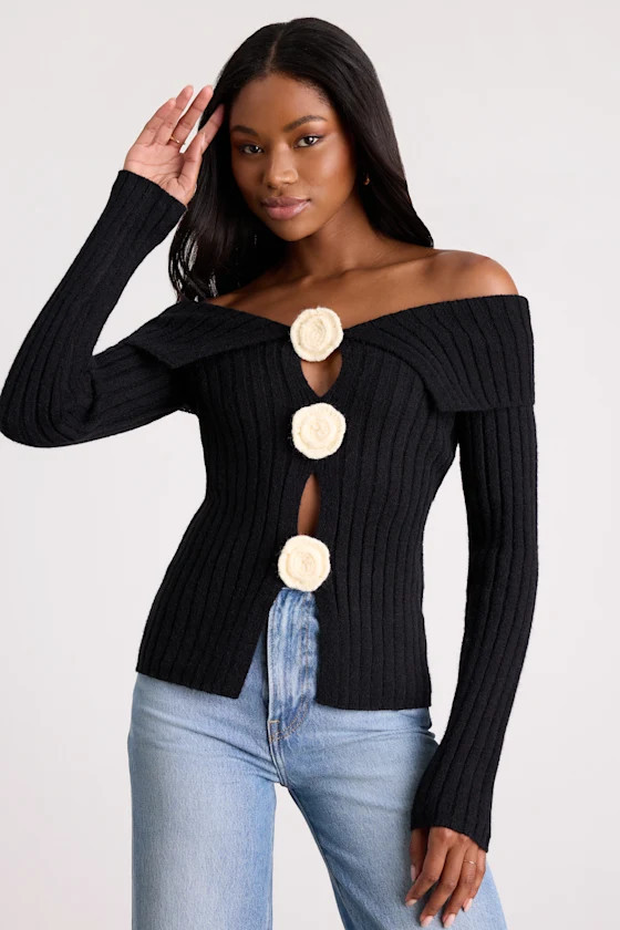 Dulcinea Black Off-the-Shoulder Rosette Sweater Top | Lulus