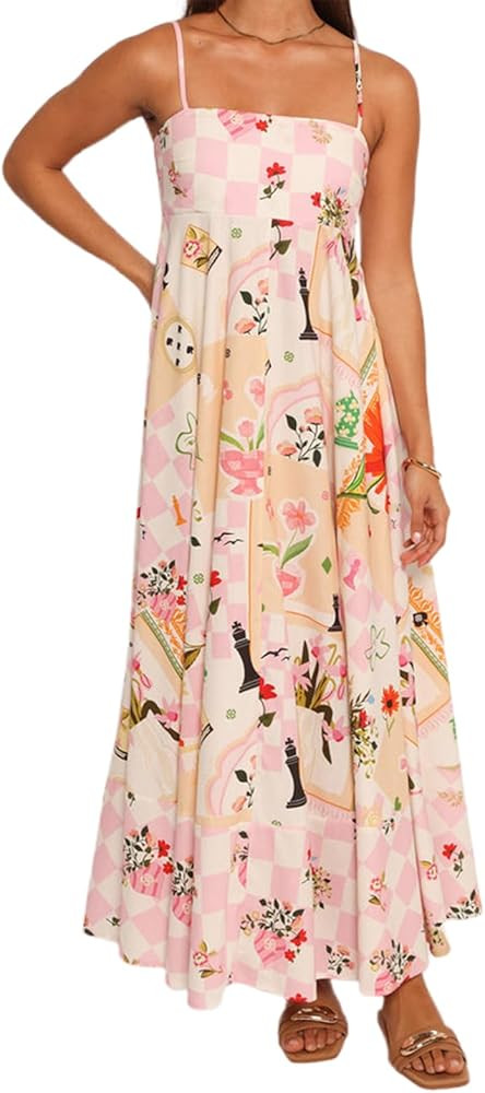 Women’s Boho Cami Long Dress Summer Sleeveless Spaghetti Strap Floral Flowy Beach Dress Party V... | Amazon (US)