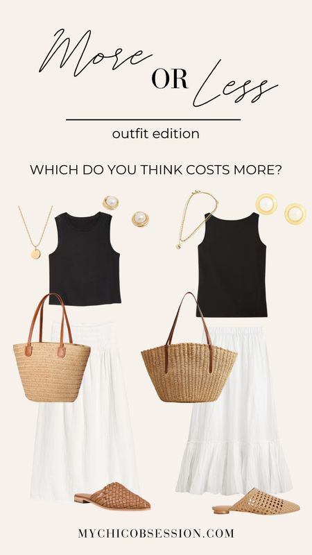 Swap out your white dress this summer for a chic white maxi skirt. Pair it with a black tank top, a basket tote, gold and pearl earrings, a pendant necklace, and woven mule slide sandals.

Did you guess which look is more? (Hint, it’s the one on the right: that look’s total is $535 versus the save option on the list which comes to $153.)

#LTKStyleTip #LTKSeasonal