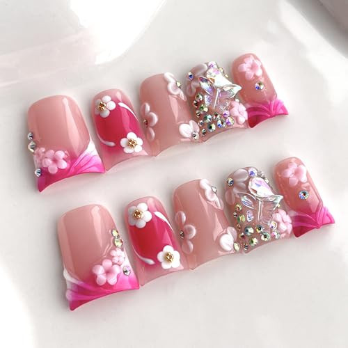 Pink French Tip Press on Nails Short Duck Handmade 3D Floral Thick Acrylic Nails Pink&White False Nails with Butterfly Rhinestones Designs Hand Made Fake Nail Sturdy Art Press on Nail 10Pcs(S) | Amazon (US)