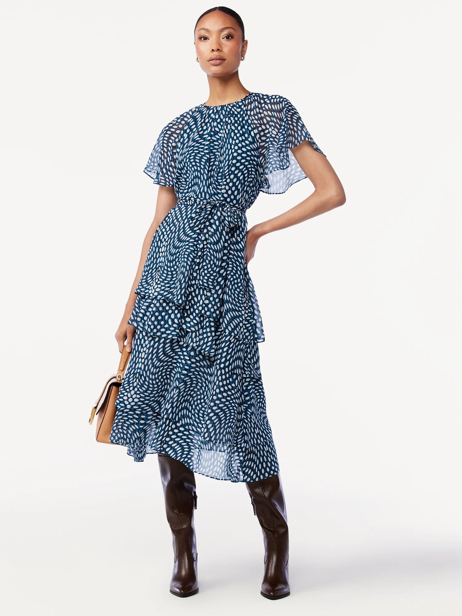 Scoop Women's Tie Waist Midi Dress with Ruffle Sleeves - Walmart.com | Walmart (US)