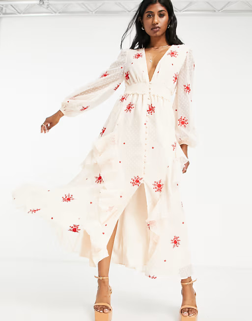 ASOS DESIGN shirred waist button through midi tea dress with all over embroidery in beige and red | ASOS (Global)