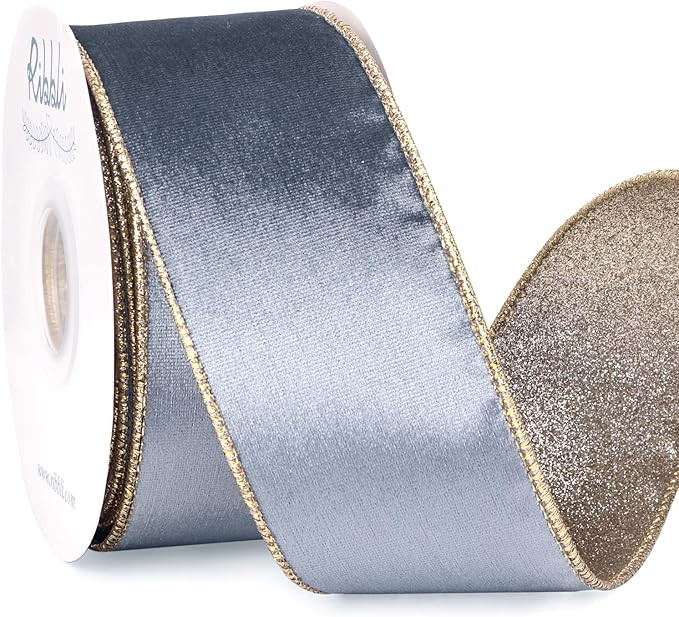 Ribbli Dusty Blue Velvet Ribbon Wired 2.5 Inch Glossy Velvet with Champagne Glitter Christmas Rib... | Amazon (US)