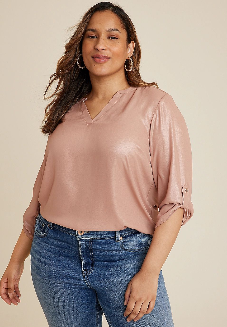 Plus Size Atwood Shimmer 3/4 Sleeve Popover Blouse | Maurices
