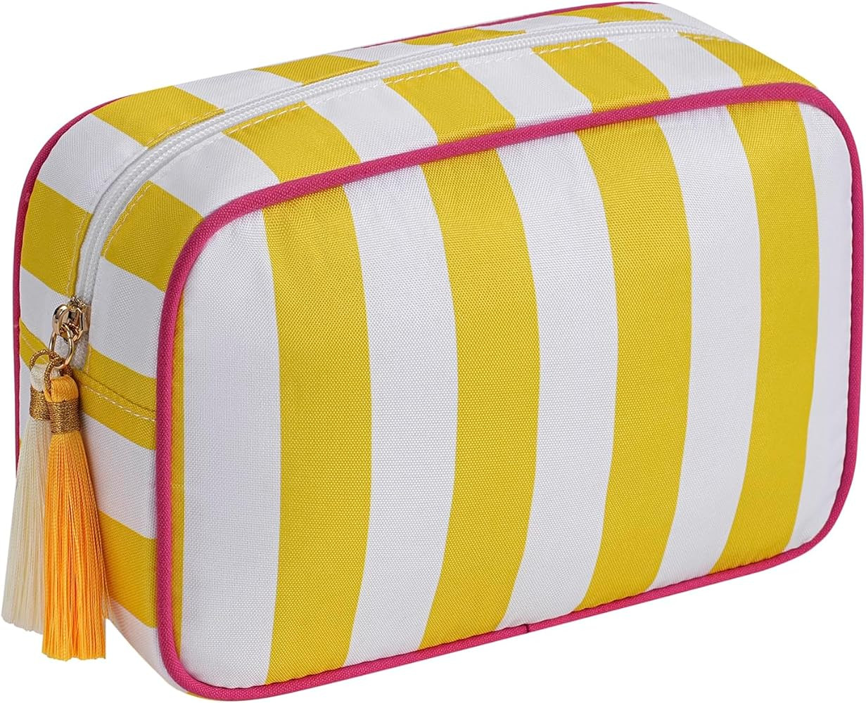 RSRSLEII Large Striped Zipper Makeup Bag, Aesthetic Tassel Travel Cosmetic Bag, Coquette Toiletry... | Amazon (US)