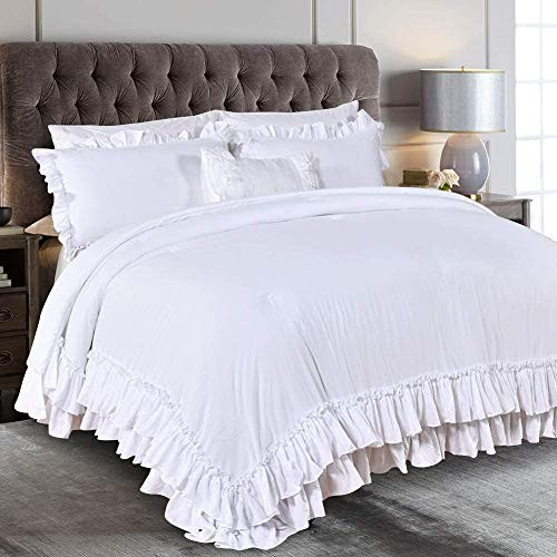 QSH White Ruffled Comforter Set Queen Size Farmhouse Shabby Boho Chic White Bedding Set Queen Size Lightweight Fluffy Microfiber Bed Comforter Set 3 Pieces | Amazon (US)