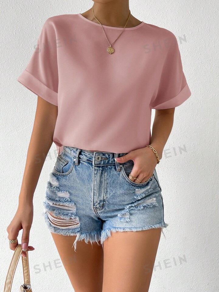 SHEIN Essnce Women Summer Solid Color Round Neck Batwing Short Sleeve Loose Casual Shirt | SHEIN ... | SHEIN