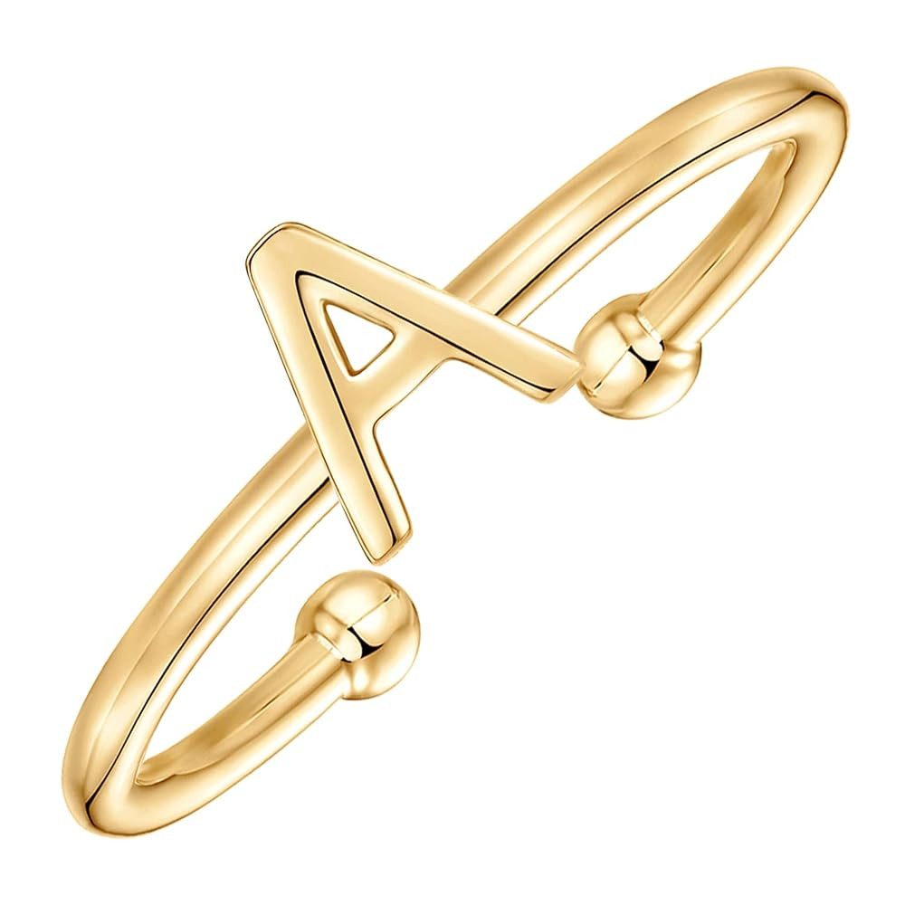 PAVOI 14K Gold Plated Initial Letter Adjustable Ring for Women - Thin Initial Band - Dainty Fashi... | Amazon (US)