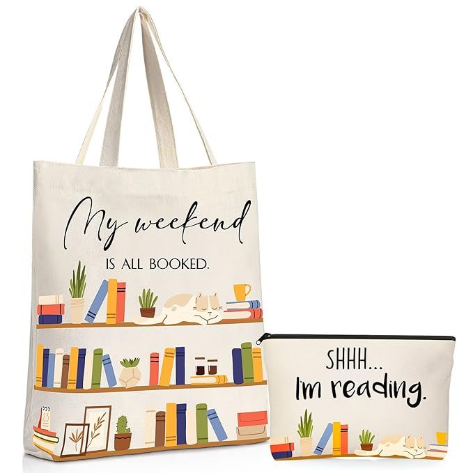 Sieral 2 Pcs Book Lovers Gifts Bookshelf Tote Bag Makeup Reading Canvas Bag Reusable Book Tote Ba... | Amazon (US)
