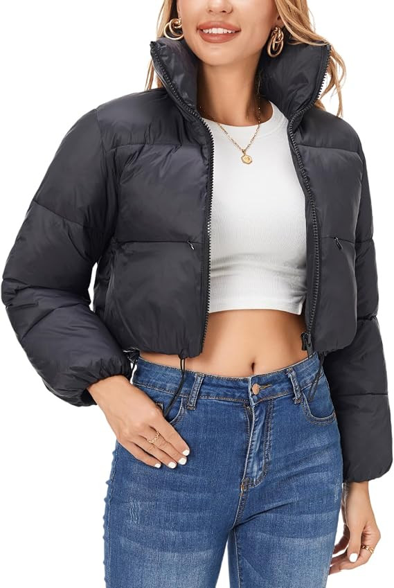 Fuinloth Women's Puffer Jacket, High Stand Collar Zip Pocket Crop Long Sleeve Coat | Amazon (US)