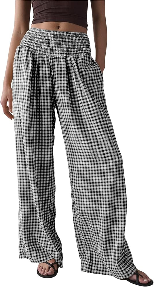 Qiaomai Women Casual Plaid Pants Elastic High Waist Wide Leg Lounge Pants Loose Trousers | Amazon (US)