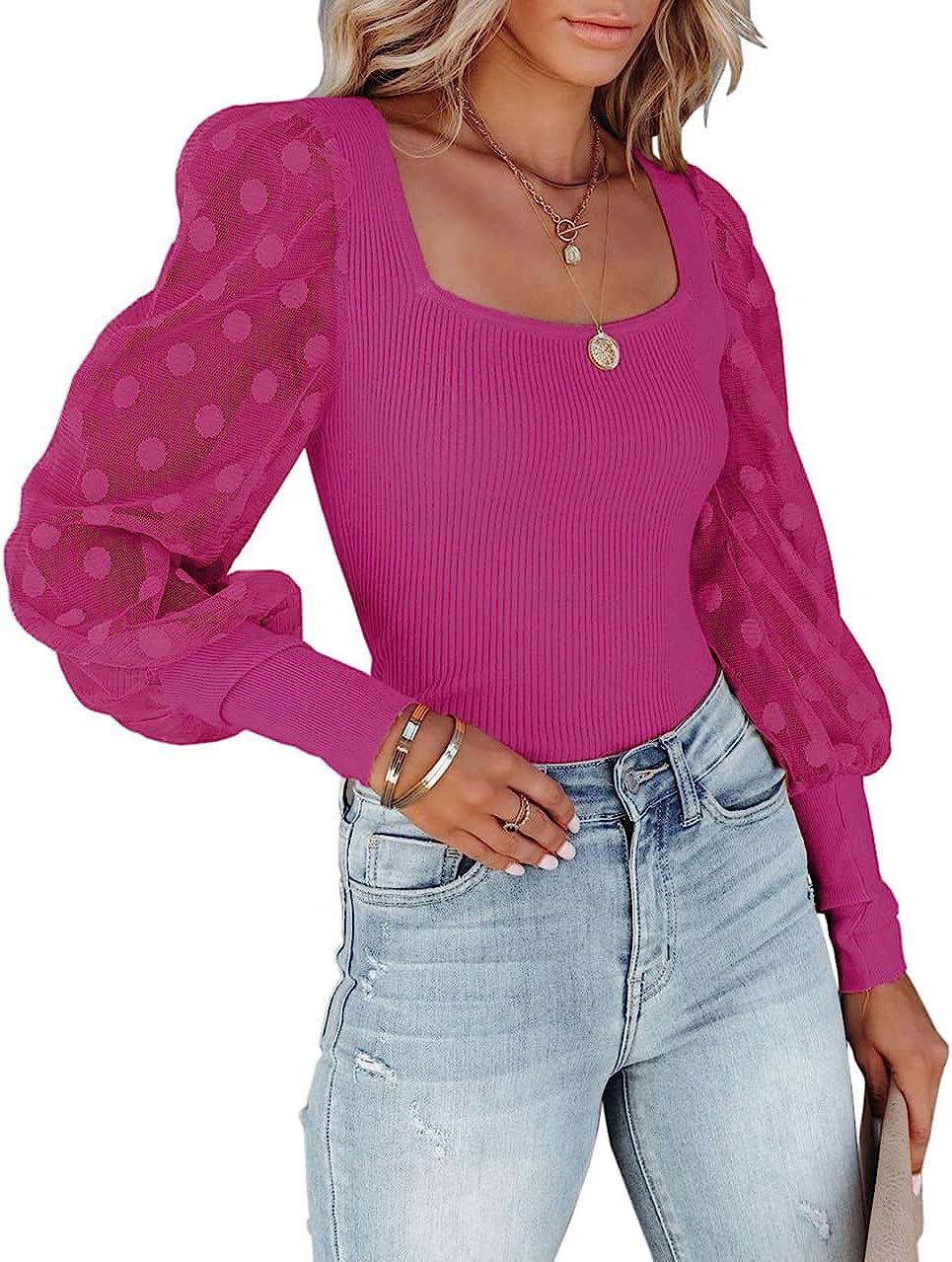 miduo Womens Tops Crewneck Lace Splicing Long Sleeve Top Shirts Slim Knit Ribbed Tops Blouses | Amazon (US)