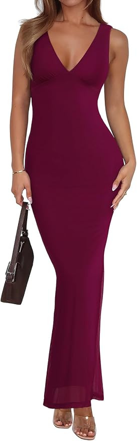 REORIA Women's Summer V Neck Sleeveless Wedding Guest Maxi Dress Sexy Mesh Bodycon Long Dresses | Amazon (US)