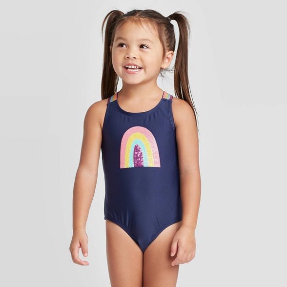 Toddler Girls' Rainbow Elastic Strap One Piece Swimsuit - Cat & Jack™ Navy | Target