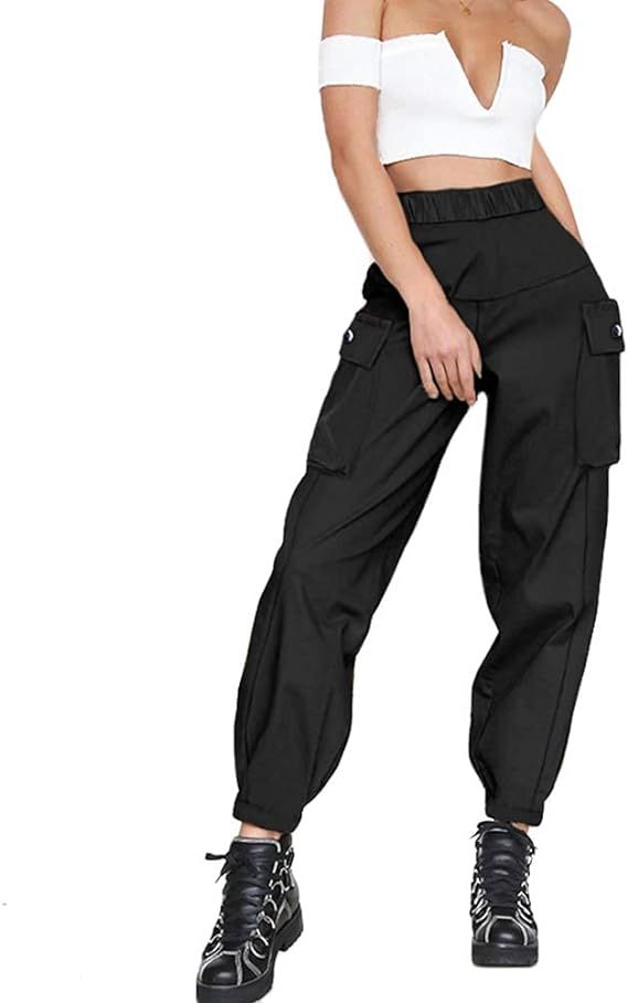 guyueqiqin Women's Cargo Pants, Casual Outdoor Solid Color Elastic High Waisted Baggy Jogger Work... | Amazon (US)