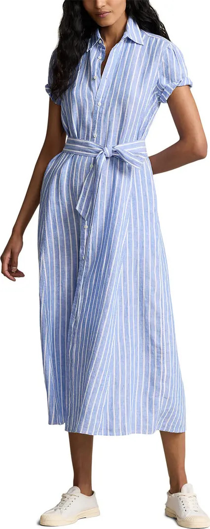 Ashton Stripe Tie Waist Linen Midi Shirtdress | Nordstrom