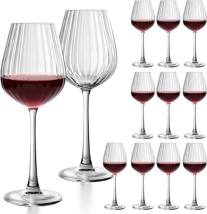 Ufrount Vintage Wine Glasses 11oz,Clear Vertical Stripes Red Wine Glass Set of 12,Exquisite Long ... | Amazon (US)