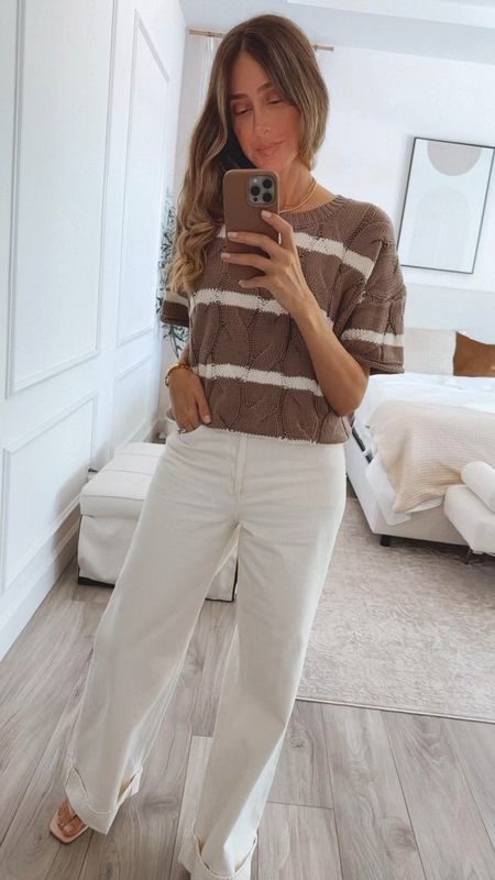 Casual and elegant style 
Loving this knit top. The color combo is chic and neutral . Easy to style with anything. Runs large . This is size small on the top and size 26 on pants 
Pants also run large , so order one size down 


#LTKOver40 #LTKSaleAlert #LTKStyleTip