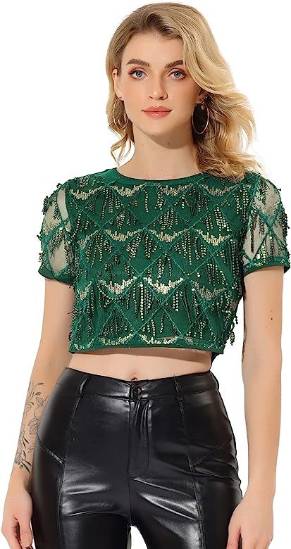 Allegra K Women's Christmas Sequin Shiny Glitter Crop Top Short Sleeves Tassel T-Shirt | Amazon (US)