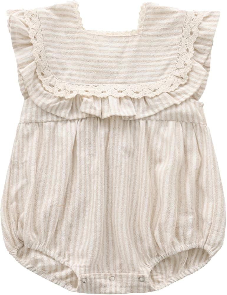 Ashmyova Toddler Girls Linen Summer Casual Dress Kids Vintage Ruffles Stripe Baby Rompers Dresses | Amazon (US)