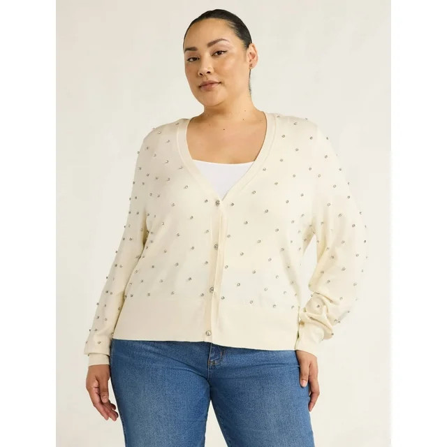 Scoop Women’s Plus Rhinestone Cardigan Sweater, Lightweight, Sizes 1X-4X | Walmart (US)
